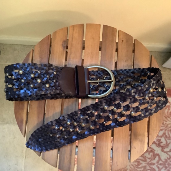 Another Line Inc Leather Wide Woven Braided Studded Belt Dark Brown SZ L - Picture 2 of 7